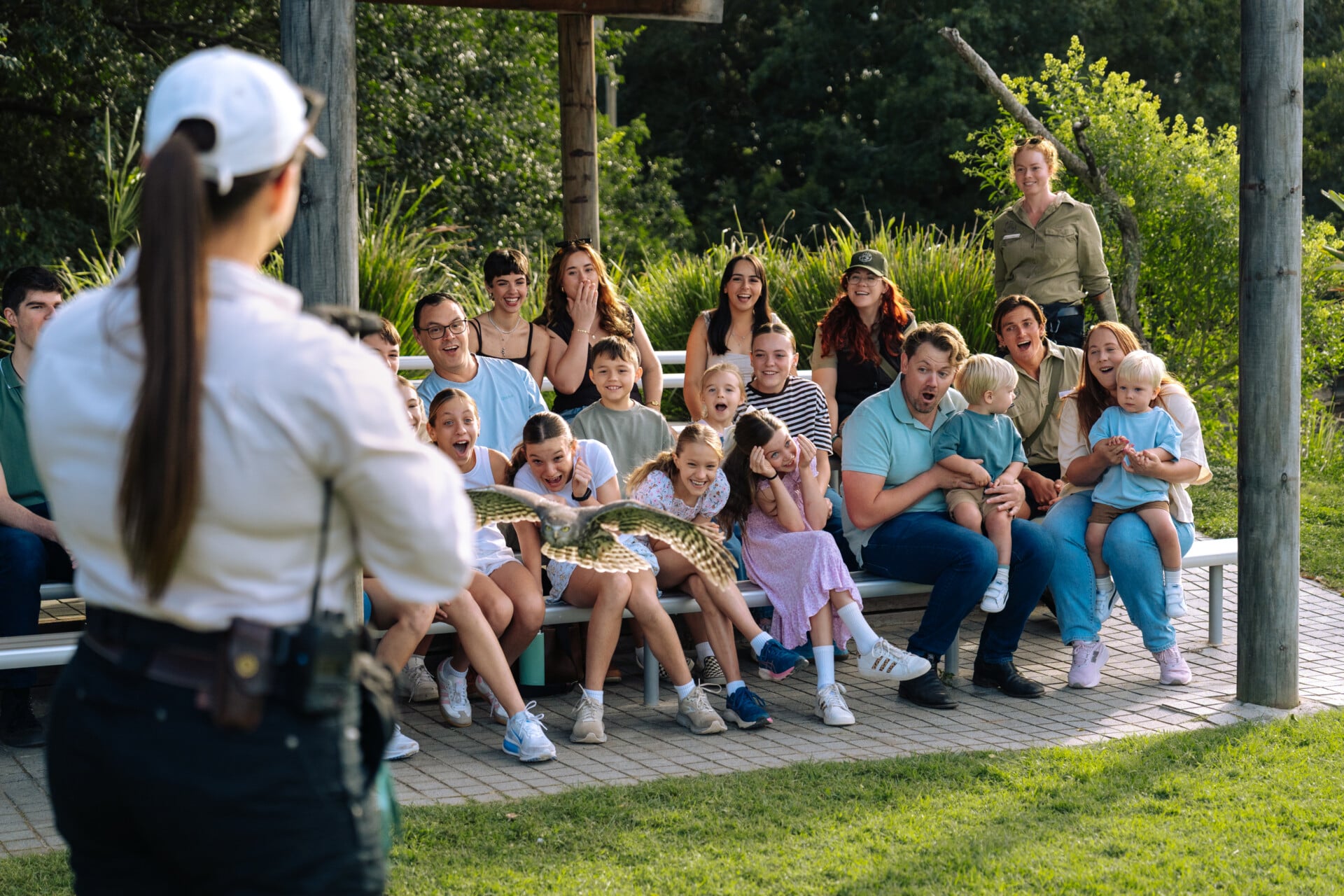 An owl swooping low over a delighted audience during the Free Flight Raptor Show, with a keeper watching from the foreground.
