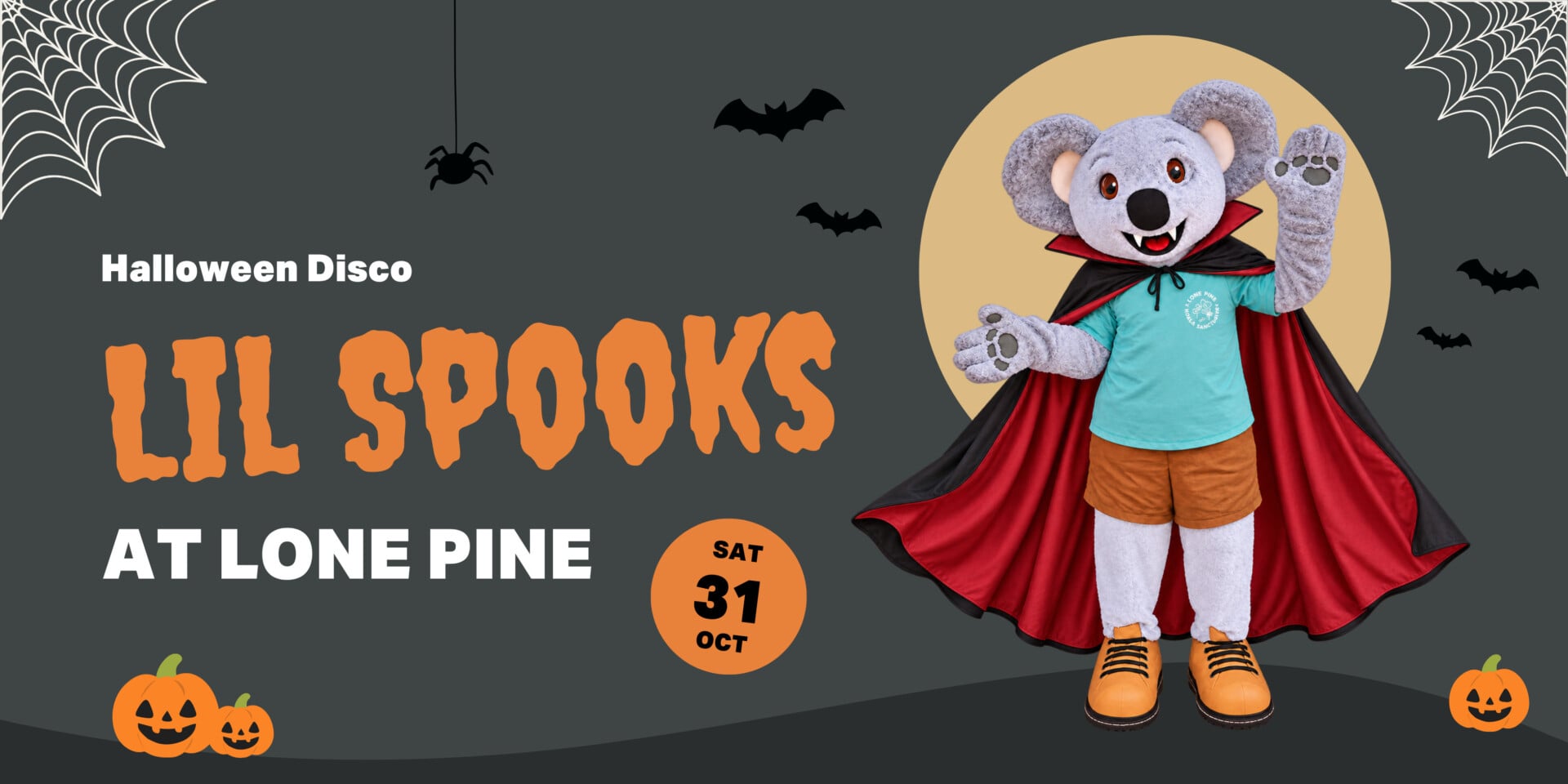 Lil Spooks at Lone Pine Halloween Disco, Saturday 31 October, with Kevin the Koala dressed as a vampire